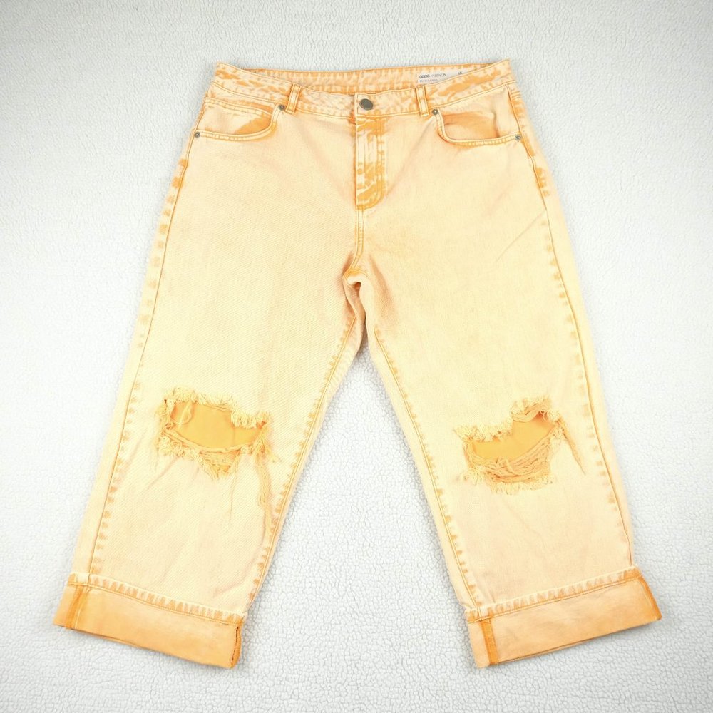 Asos Jeans Womens 34 28 Orange Denim Capris Distressed Cuffed Baggy Retro 90s